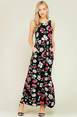 Sleeveless Shirring Maxi Dress Black Casual Summer Floral $24.99