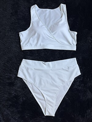 #ad Hilinker Women#x27;s White Bikini Swimsuits V Neck High Waisted Plus Size 3XL $19.92