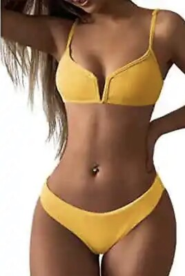 #ad #ad ZAFUL Women#x27;s V Wire Padded Ribbed High Cut Cami Bikini Set Two Piece Swimsuit M $17.99
