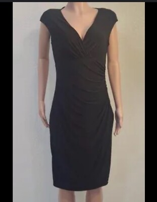 #ad Lauren Ralph Lauren Size 8 V Neck Black Dress Gathered Ruched LBD Classic $25.99