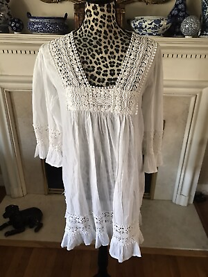 #ad Cute Options Women#x27;s White Swim Cover Up Lace Trim Flare Sleeves Beach Sz L RB $16.47