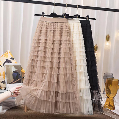 #ad Women Elastic High Waist Waist Skirt Party Tulle Skirt Long A Line Dress Summer✨ $6.62