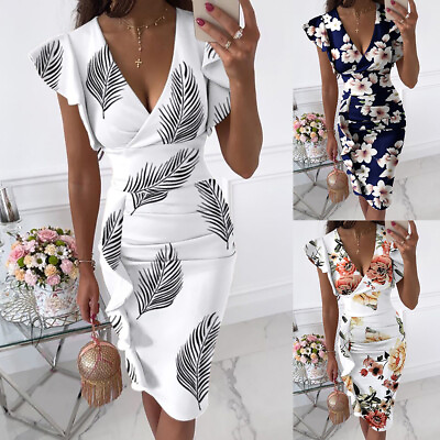 #ad Women Floral Frill V Neck Midi Dress Evening Cocktail Party Ladies Bodycon Dress $20.79