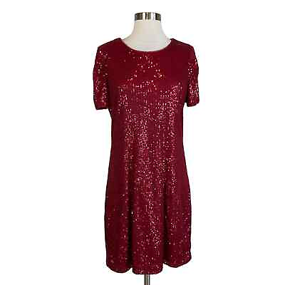 #ad DKNY Women#x27;s Cocktail Dress Size 14 Red Sequined Short Sleeve Shift $69.99
