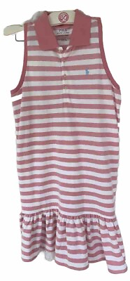 #ad Polo Ralph Lauren Girls Dress XL 16 Knit Pink White Stripe Lace Hem Barbie $10.00