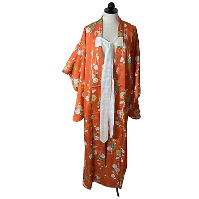 #ad Womens Kimono One Size Orange Maxi Length Tie Front Lined Floral Embossed $92.06