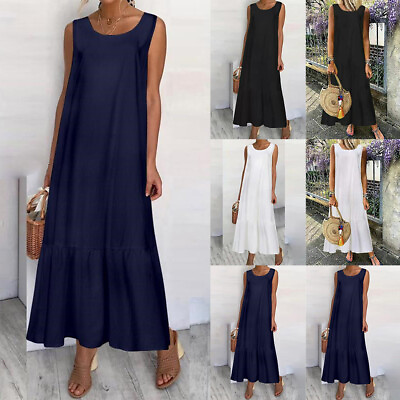 #ad #ad Women#x27;s Casual Sleeveless Long Dress Ladies Summer Loose Cotton Linen Maxi Dress $23.65