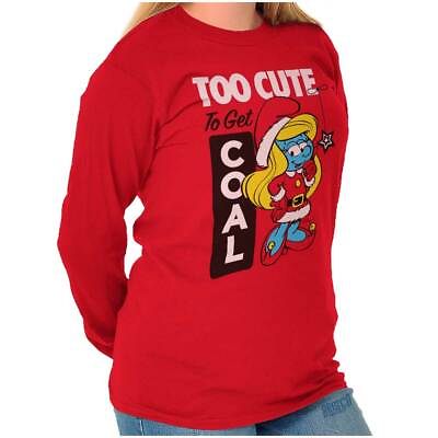 Smurfette Christmas Too Cute for Coal Xmas Long Sleeve T Shirt Tees For Women $13.99