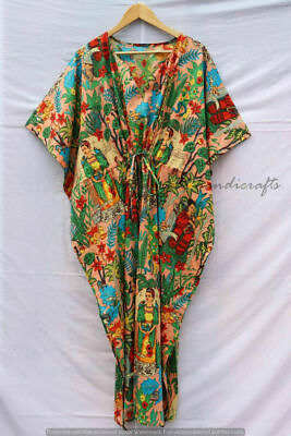 #ad Indian Peach Frida Kahlo Print Cotton Hippie Maxi Women Nightwear Caftan Dress $22.55