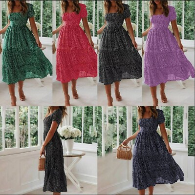 #ad #ad Women#x27;s Boho Short Sleeve Floral Midi Dress Ladies Summer HolidayParty Sundress $15.99