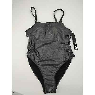 #ad XOXO Swimsuit Womens Medium Black Shiny Bikini One Piece Swimwear Open Side $95 $10.39