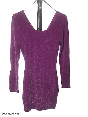 Women#x27; S Purple Metallic Open Back Long Sleeve Cocktail Party Dress EUC $19.85