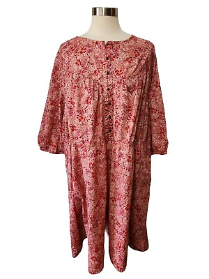 #ad Terra Sky Dress 4X Pink Floral Cotton Elastic Waist Pullover 3 4 Sleeve Button $15.98
