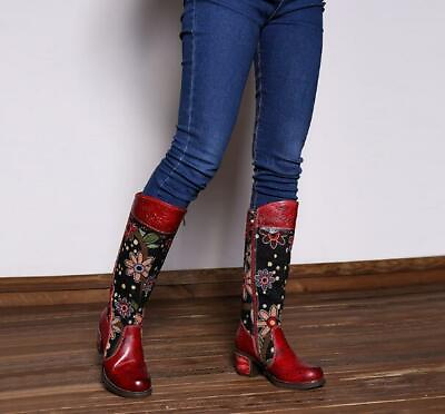 #ad Women Flower Splicing Genuine Leather Knee High Boots Cowboy Zip Boho Boots C $79.83