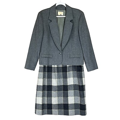 #ad Pendleton Womens Skirt Suit Size 14 Gray 100% Wool Blazer amp; Plaid Midi Skirt USA $38.66