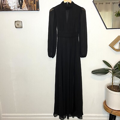 #ad Lulus Bask in Love Women’s XS Black Maxi Dress Sheer Long Sleeve Mock Neck New $33.60
