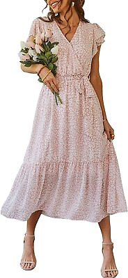 PRETTYGARDEN Women#x27;s Floral Summer Dress Wrap V Neck Short Sleeve Belted Ruffle $101.37