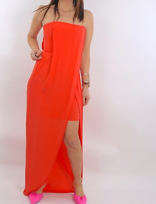 #ad BCBG Max Azria Jesse Orange Red Strapless Side Slit Long Maxi Dress Size 04 $66.99