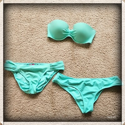 #ad Victoria#x27;s Secret Beach Aqua Push Up Ruched Strapless Bandeau Bikini Set 32D New $37.99