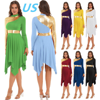 US Women Color Block Praise Worship Dance Dress Long Sleeve Lyrical Dancewear $17.66