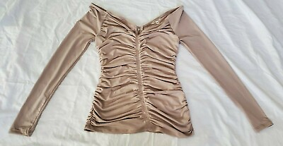 GUESS XS Off Shoulder Long Sleeve Ruched Bodycon Beige Dress Mini XS $20.99