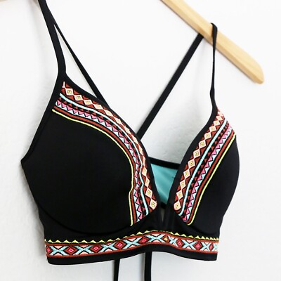 #ad Shade amp; Shore Black Colorful Aztec Embroidered V Wire Push Up Bikini Top 36B $17.99