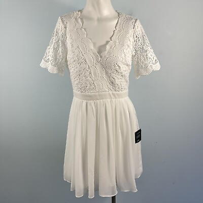 #ad Lulu#x27;s Angel in Disguise Short Sleeve White Lace Skater Dress Sz Medium $34.79