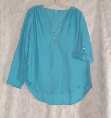 #ad Sheer Top Turquoise Blue Size L Beach Cover Up Tunic Zipper $9.99