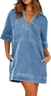 #ad Women Loose Denim Dress Short Sleeve Casual Summer Dress Turn Down Pullover Vint $14.99