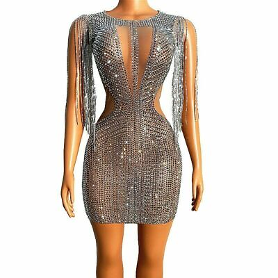 #ad Sparkly Silver Rhinestone Fringe Transparent Short Dress Dancer Evening Dress $202.27