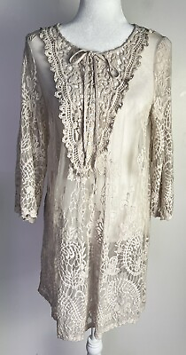 #ad Womens Beige Lace Beach Pool Swimsuit Cover Up Buttons Tie Sz S M $14.95