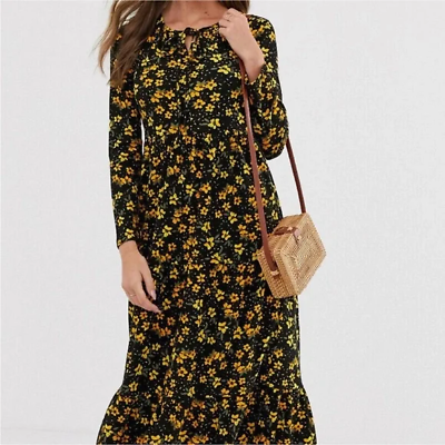 #ad 🔥 FREE PEOPLE® Tiers of Joy Floral Maxi Dress Black and Yellow Maxi Dress S $65.00