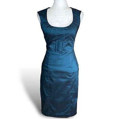 #ad Cache Metallic Sheen Belted Teal Blue Cocktail Satin Sheath Dress Sz 2 $198 $39.99