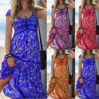 #ad Womens Sundress Maxi Dresses Boho Sun Dress Ladies Holiday V Neck Summer Beach $7.42