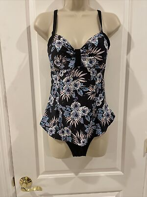 #ad Black Lavender Floral Size M One Piece Swimsuit Spaghetti Strap Skirted $24.99