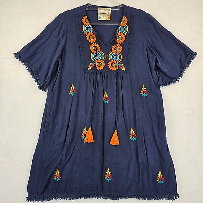 #ad LulaLife Boho Dress Large Embroidery Tunic Kaftan Coverup Fringe Trim Tassels $24.99