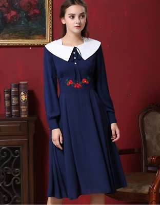 #ad Big Kid Girl#x27;s Deluxe Long Sleeve Chiffon Embroidered Below Knee Party Dress $16.48