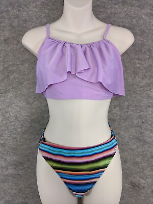 #ad Bikini Swimsuit Juniors Extra Large 15 17 Bikini 2 Piece Purple Stripe Ruffle $6.24