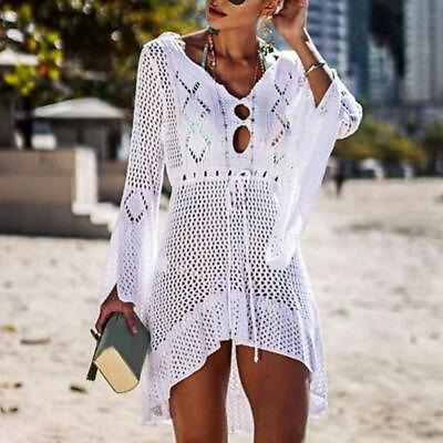 #ad Beach Cover Up Crochet Knitted Tassel Hollow Out Flared Sleeves See through $29.19