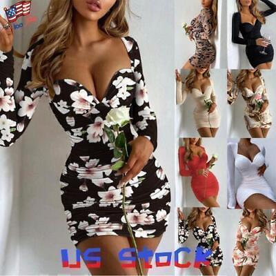#ad Women Sexy V Neck Mini Dress Ladies Bodycon Floral Fit Long Sleeve Party Dresses $22.09