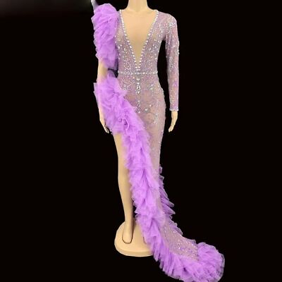 #ad #ad Women Rhinestone Mesh Transparent Long Dress One Sleeve Dancer Party Dresses $200.33