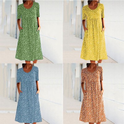 #ad Womens Midi Sundress Ladies Beach Boho Plus Size Short Sleeve Summer Print Dress $17.30