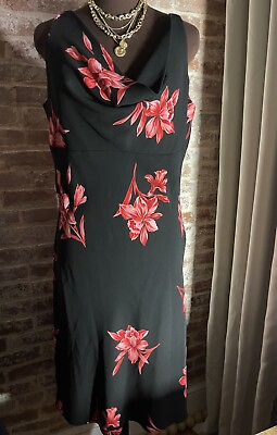 #ad Vintage Sheri Martin Sleeveless Black Red Floral A Line Cocktail Dress Size 16 $25.00
