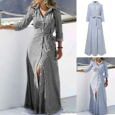 #ad Women Long Maxi Dresses 3 4 Sleeve Shirt Dress Ladies Bohemian Striped Belt Gown $33.74