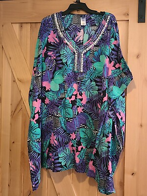 #ad Swimsuits For All Cover Up Kimono Kaftan Beaded Floral Beach 18 20 Plus Purple $24.00
