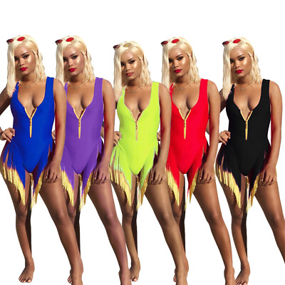 #ad Hot Sale Women#x27;s Sleeveless Zipper Solid Tassels Sexy Beach One Piece Swimwear $20.56