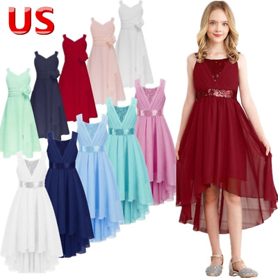 #ad US Kids Girls Sleeveless Sequin Wedding Birthday Party Ball Gown High Low Dress $18.32