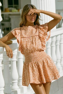 #ad #ad SABO SKIRT Dress Size XS Orange Gabrielle Ditzy Floral Short Ruffles Lace Trim $67.19