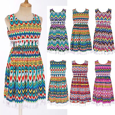 #ad Kids Girls Ethnic Style Dress Sleeveless Boho Printed Tassel Hem Dress Sundress $6.43