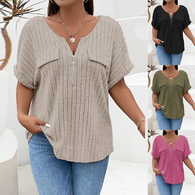 #ad Plus Size Womens Ribbed V Neck Tunic Tops Short Sleeve T Shirt Blouse Shirt Tee $22.28